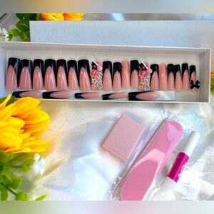 Chic Black and Nude Press-On Nails with 3D Floral and Bow Accents